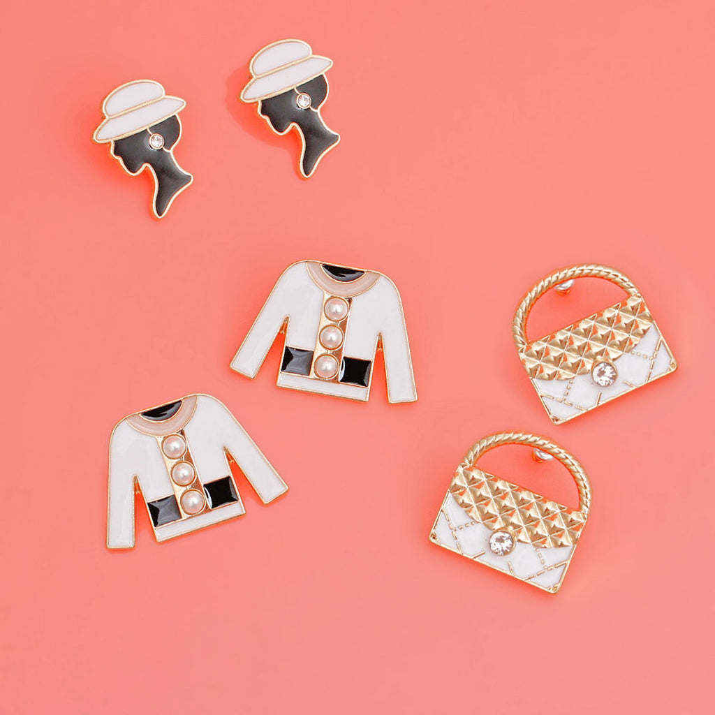 3 Pcs Gold Metal, White Epoxy & Pearl Charm Stud Earring Set