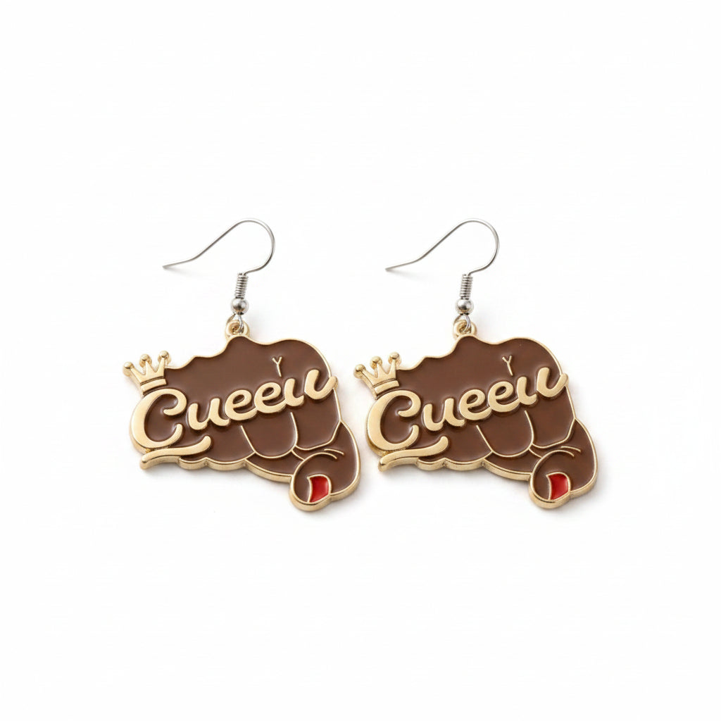Pair of brown epoxy raised fist fish hook dangle earrings on white background, featuring gold-tone "Queen" script with crown accent, red nail detail, and silver fish hook wires