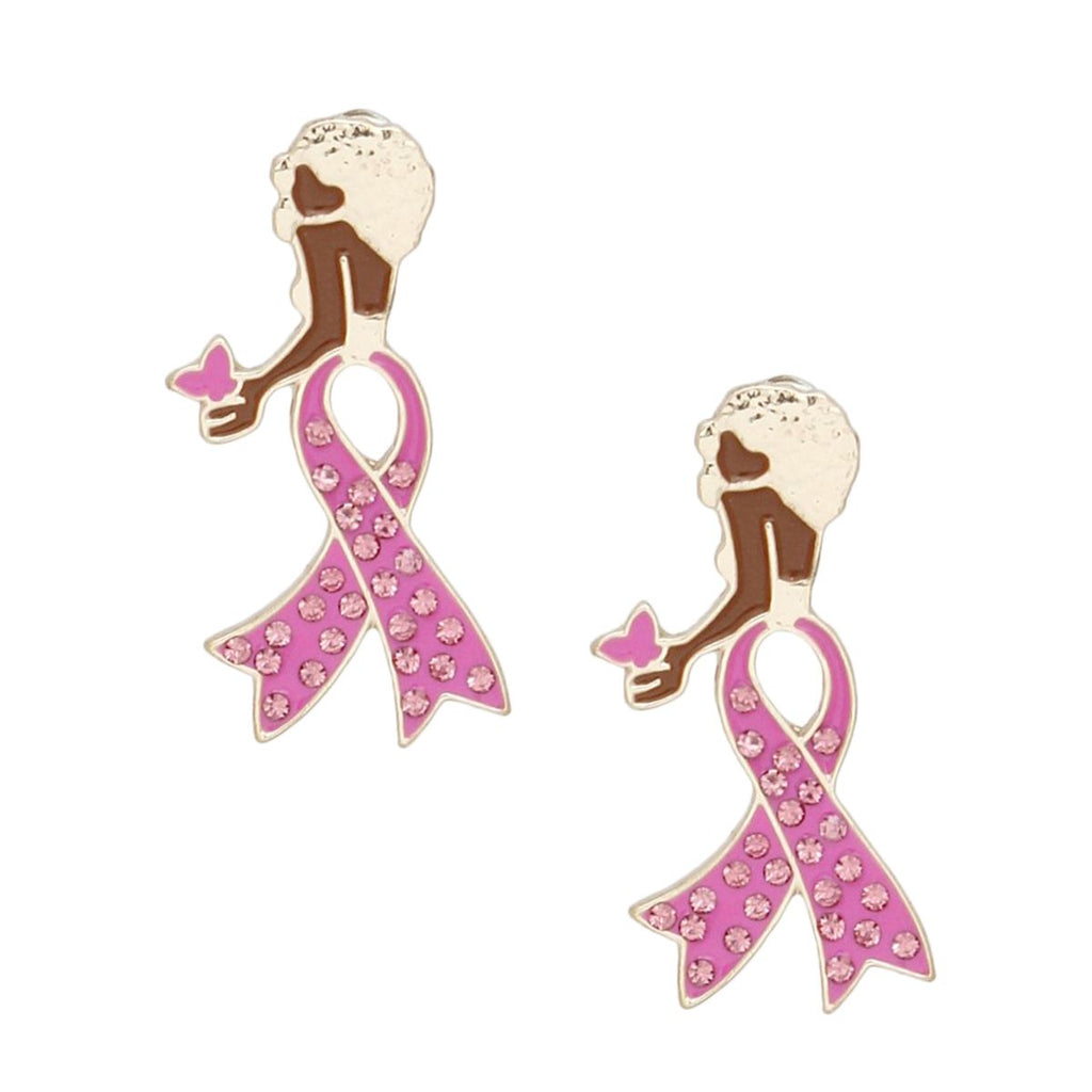 Pair of pink ribbon woman butterfly gold stud earrings with textured gold Afro, pink enamel rhinestone ribbon body and pink butterfly on white background