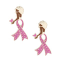 Pair of pink ribbon woman butterfly gold stud earrings with textured gold Afro, pink enamel rhinestone ribbon body and pink butterfly on white background
