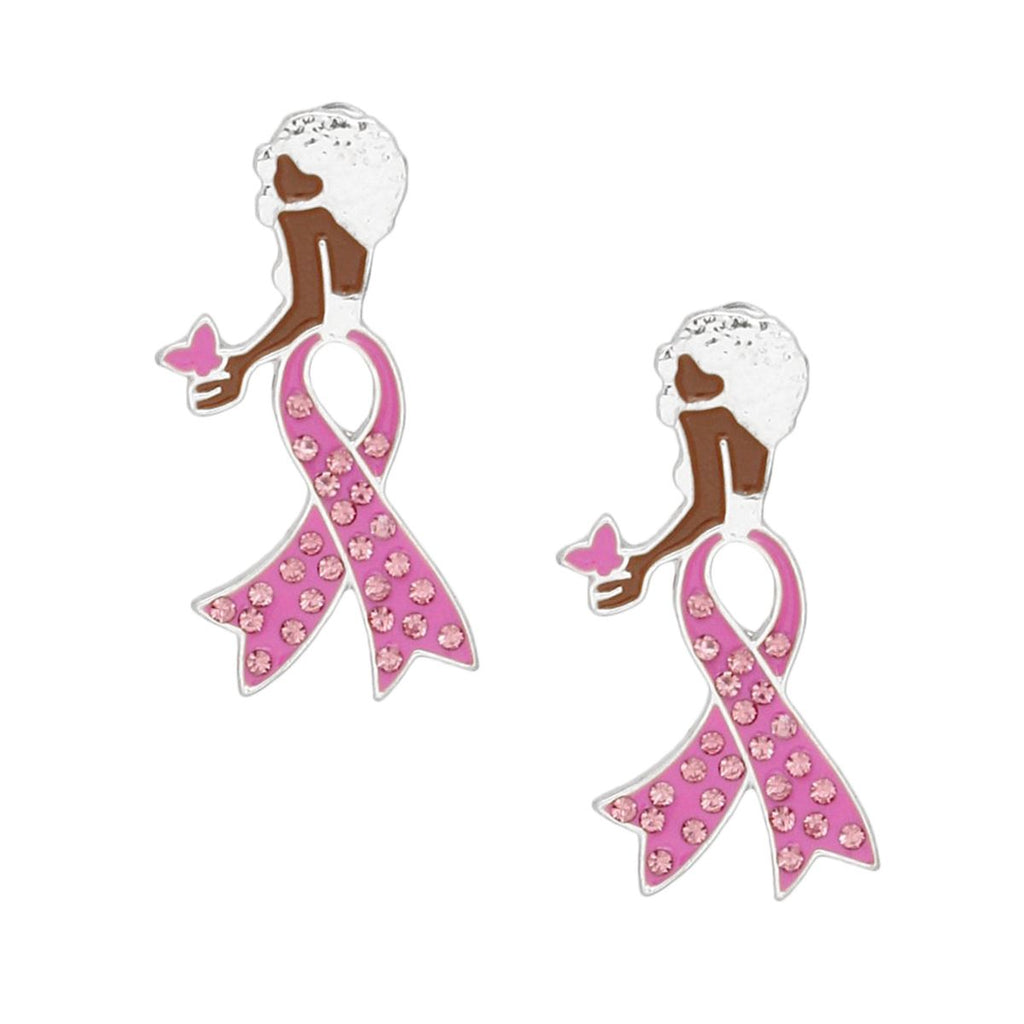 Pair of pink ribbon woman butterfly silver stud earrings with textured silver Afro, pink enamel rhinestone ribbon body and pink butterfly on white background