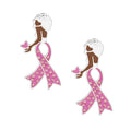 Pair of pink ribbon woman butterfly silver stud earrings with textured silver Afro, pink enamel rhinestone ribbon body and pink butterfly on white background