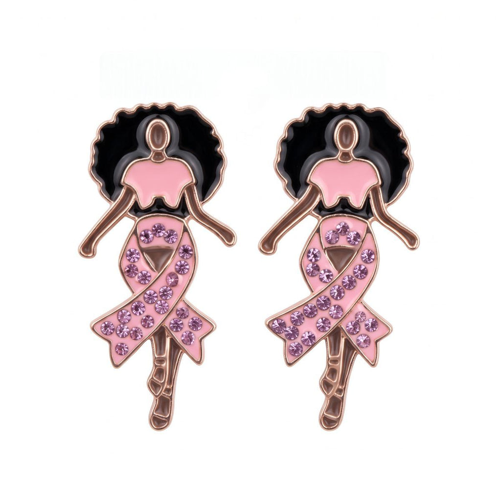 Gold Light Pink Afro Woman Breast Cancer Studs