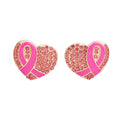 Pair of breast cancer awareness gold heart stud earrings with fuchsia pink enamel ribbon and pavé pink rhinestones on white background