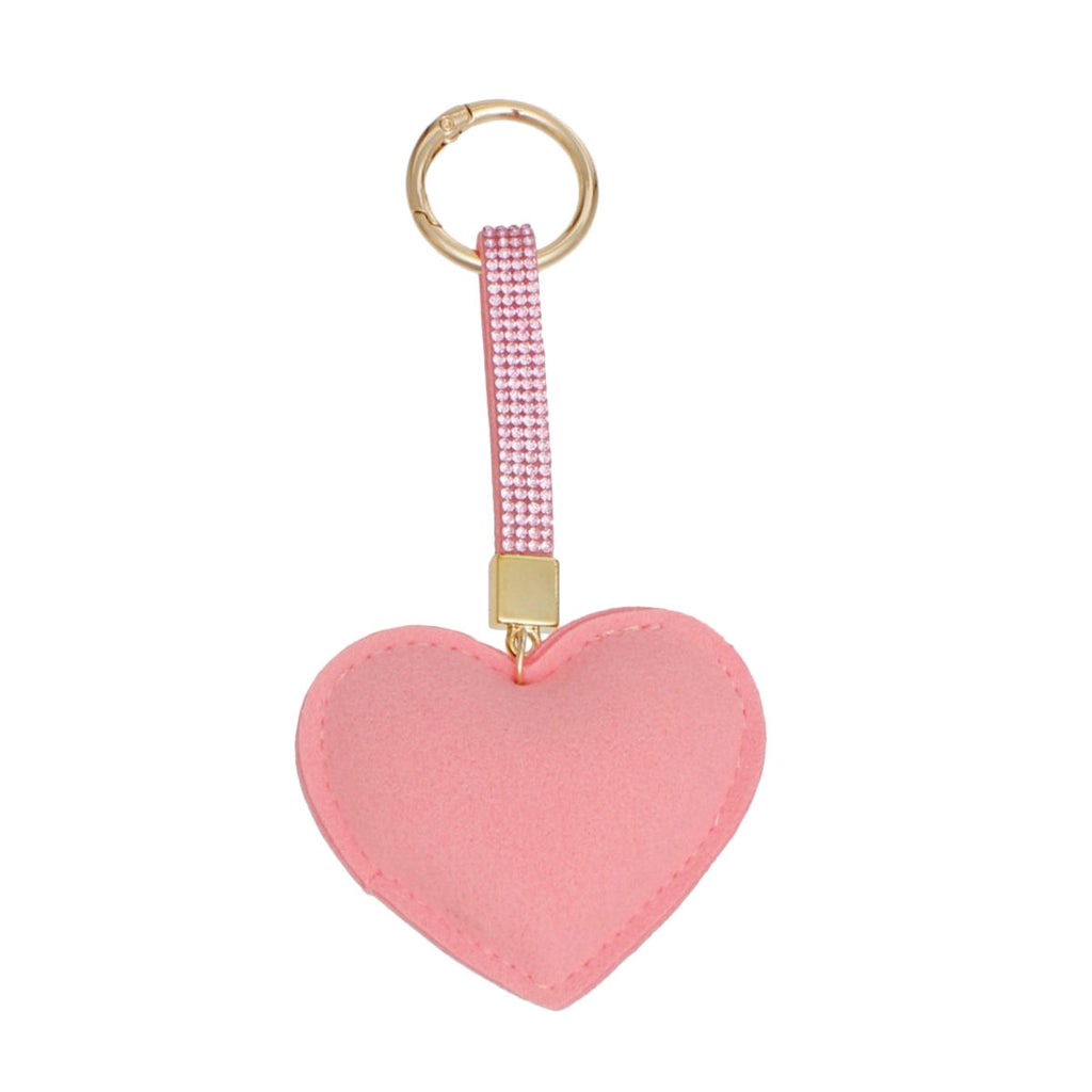 Back view of pink padded heart bag charm keychain showing smooth pink felt reverse, pink rhinestone looped strap, gold connector, and gold ring clip on white background