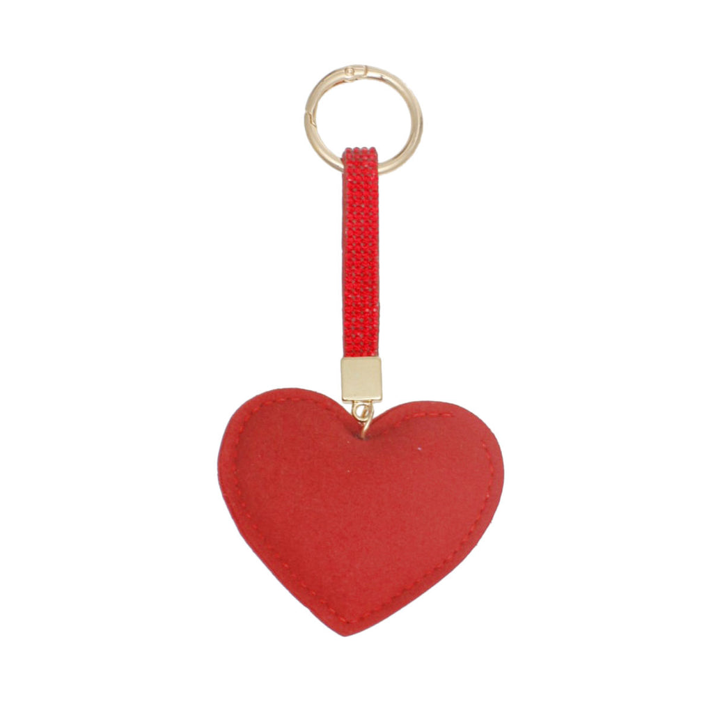 Back view of red padded heart bag charm keychain showing smooth red felt reverse, red rhinestone looped strap, gold connector, and gold ring clip on white background