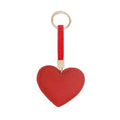 Back view of red padded heart bag charm keychain showing smooth red felt reverse, red rhinestone looped strap, gold connector, and gold ring clip on white background