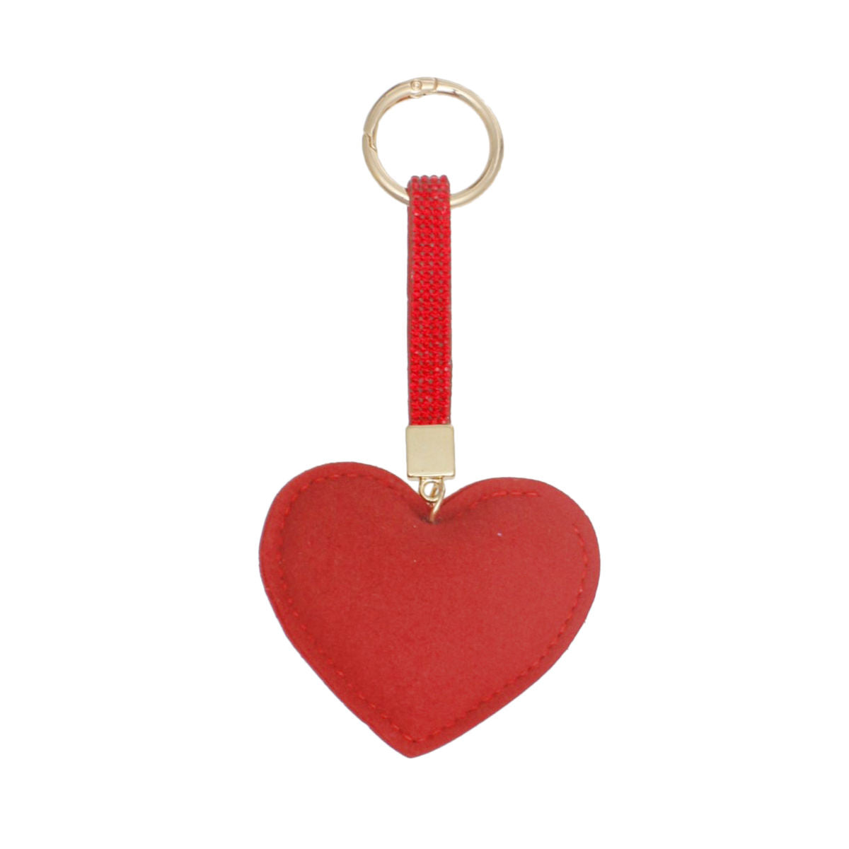 Back view of red padded heart bag charm keychain showing smooth red felt reverse, red rhinestone looped strap, gold connector, and gold ring clip on white background