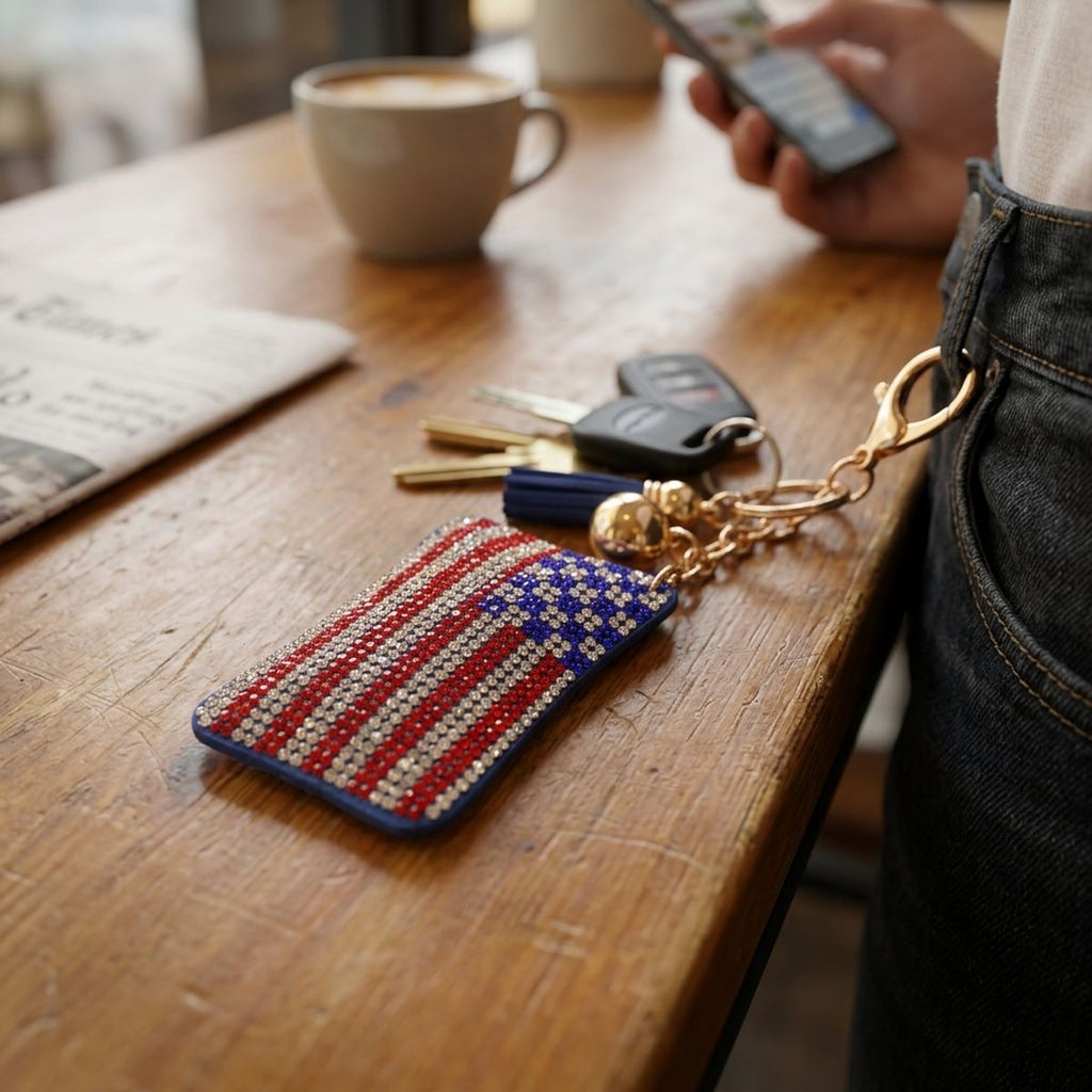 Patriotic flag rhinestone bag charm keychain with blue tassel and gold lobster clasp on wooden table