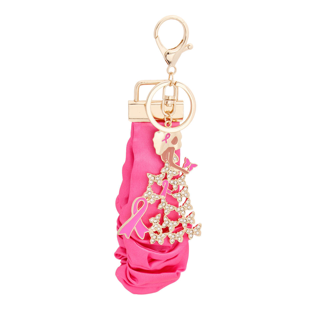  Front view of breast cancer awareness pink satin scrunchie wristlet keychain with gold lobster clasp, key ring and rhinestone butterfly gown lady charm with pink ribbons
