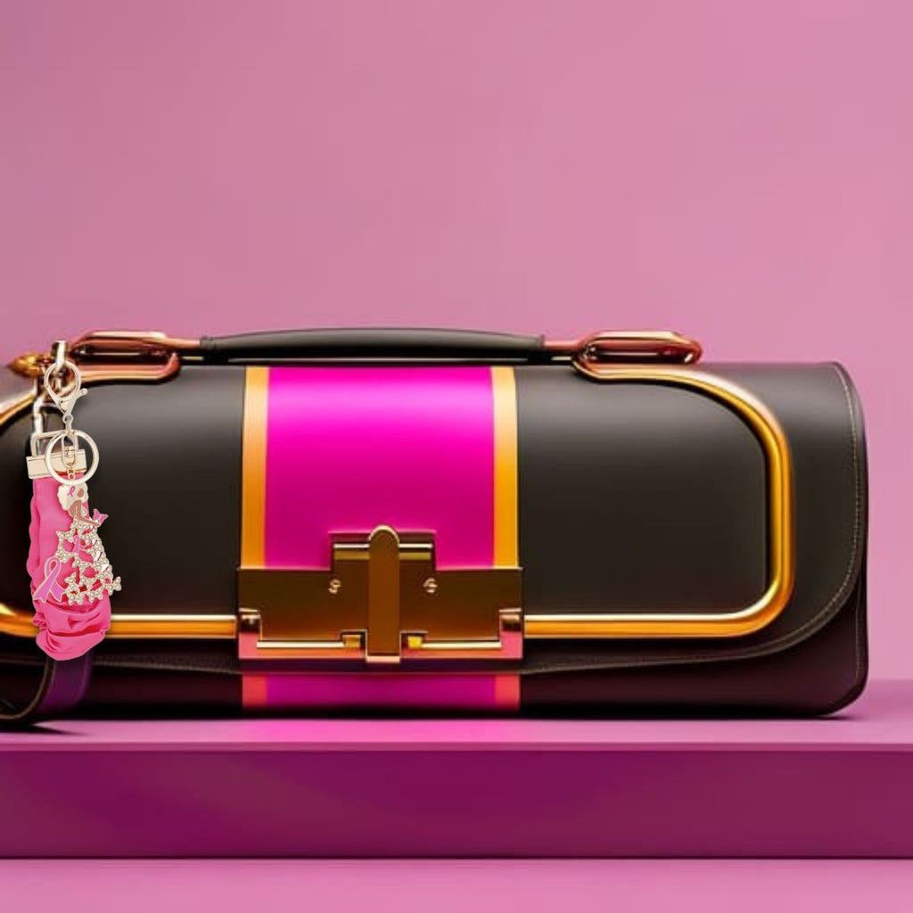 Pink satin wristlet keychain with rhinestone butterfly lady charm clipped to a black and hot pink handbag with gold hardware