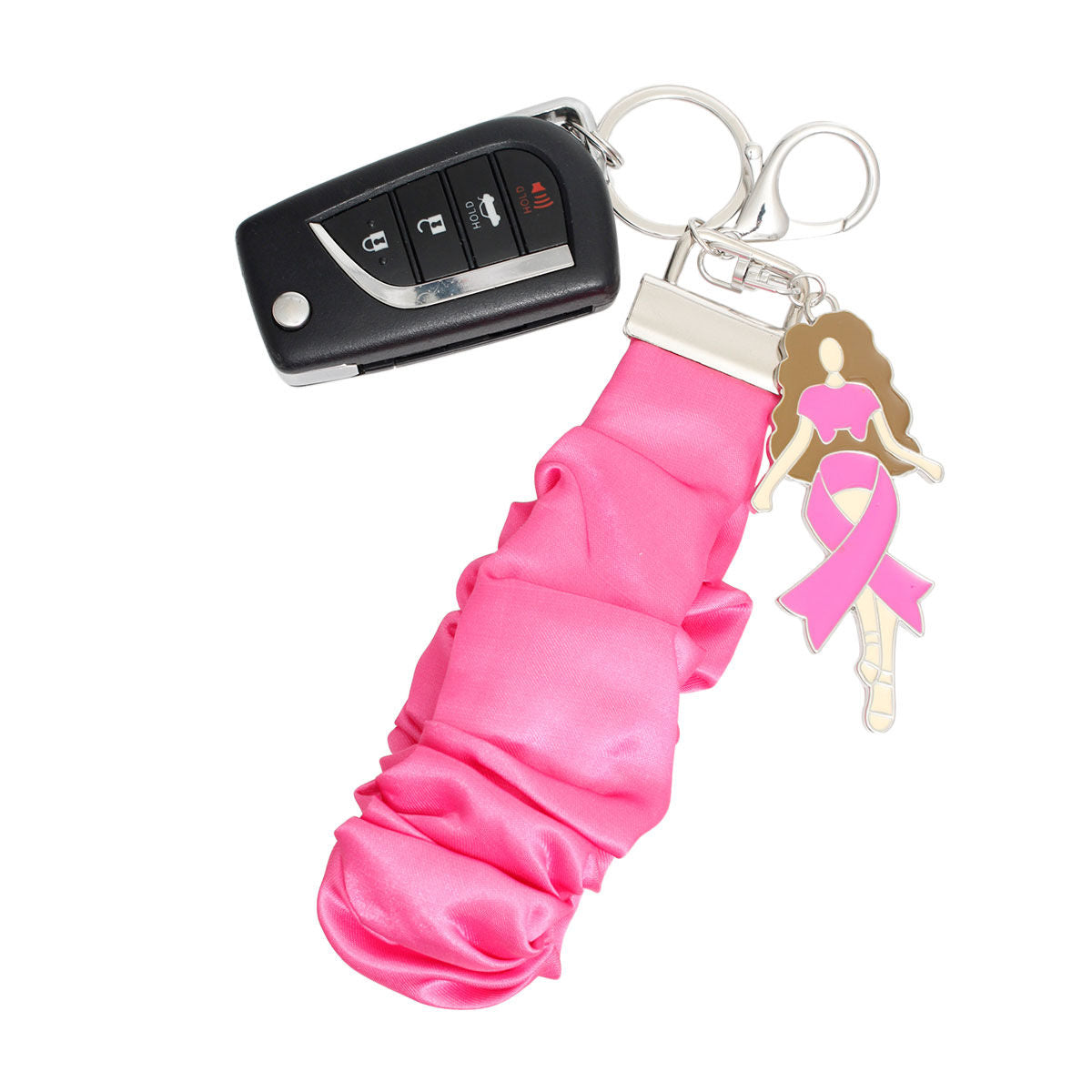 Breast cancer awareness pink satin scrunchie wristlet keychain holding a car key fob, with silver key ring, lobster clip and pink ribbon woman charm