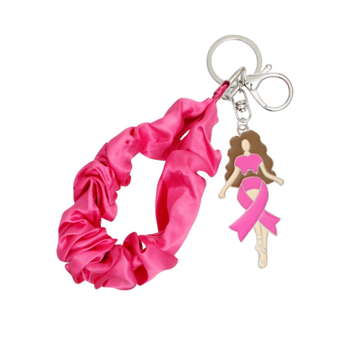 Hot pink satin scrunchie wristlet keychain looped open, with silver-tone key ring, swivel lobster clasp and enamel brown-haired woman charm wrapped in a pink ribbon