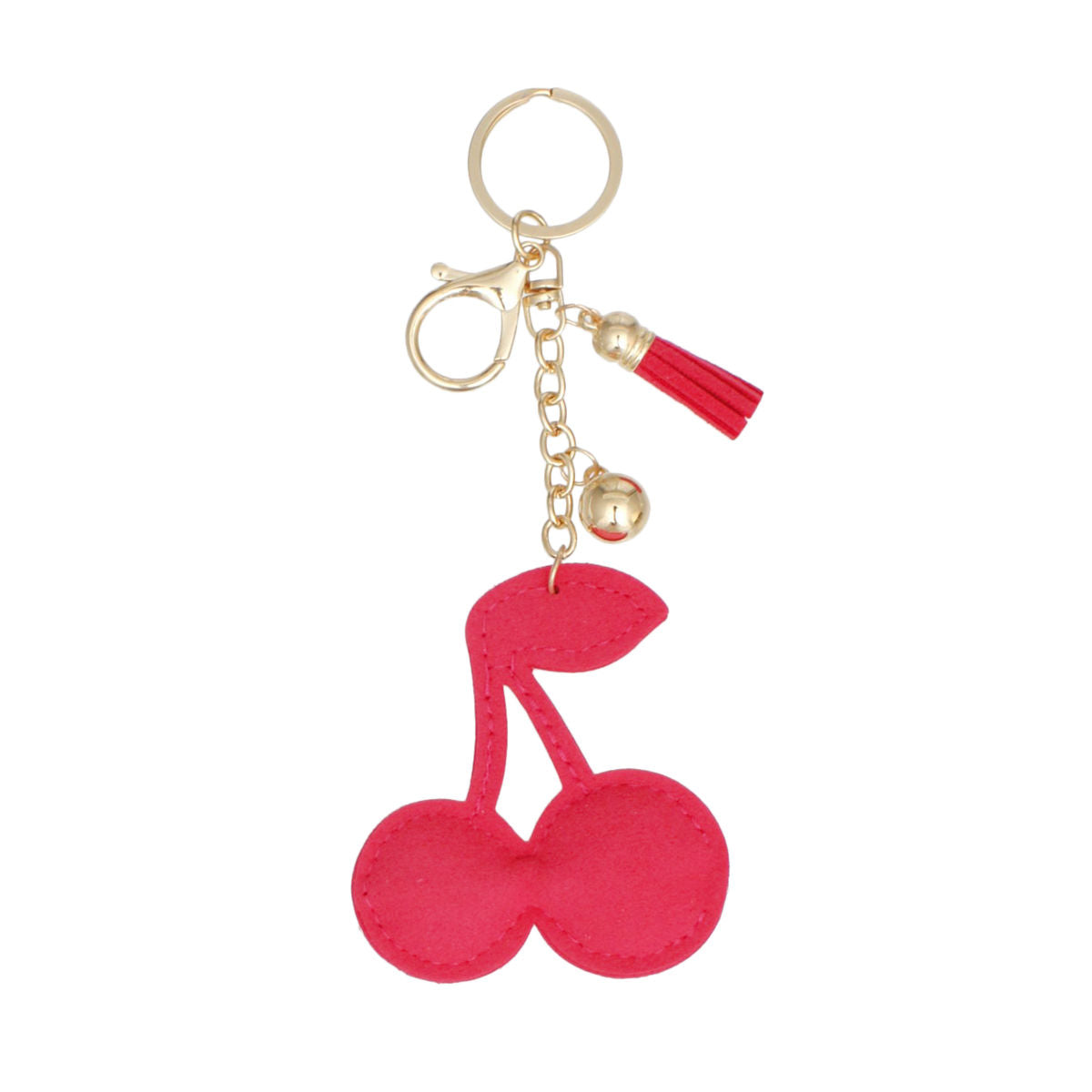 Fuchsia rhinestone double cherry bag charm keychain with green rhinestone stem and leaf, matching mini tassel, gold chain, and lobster clasp