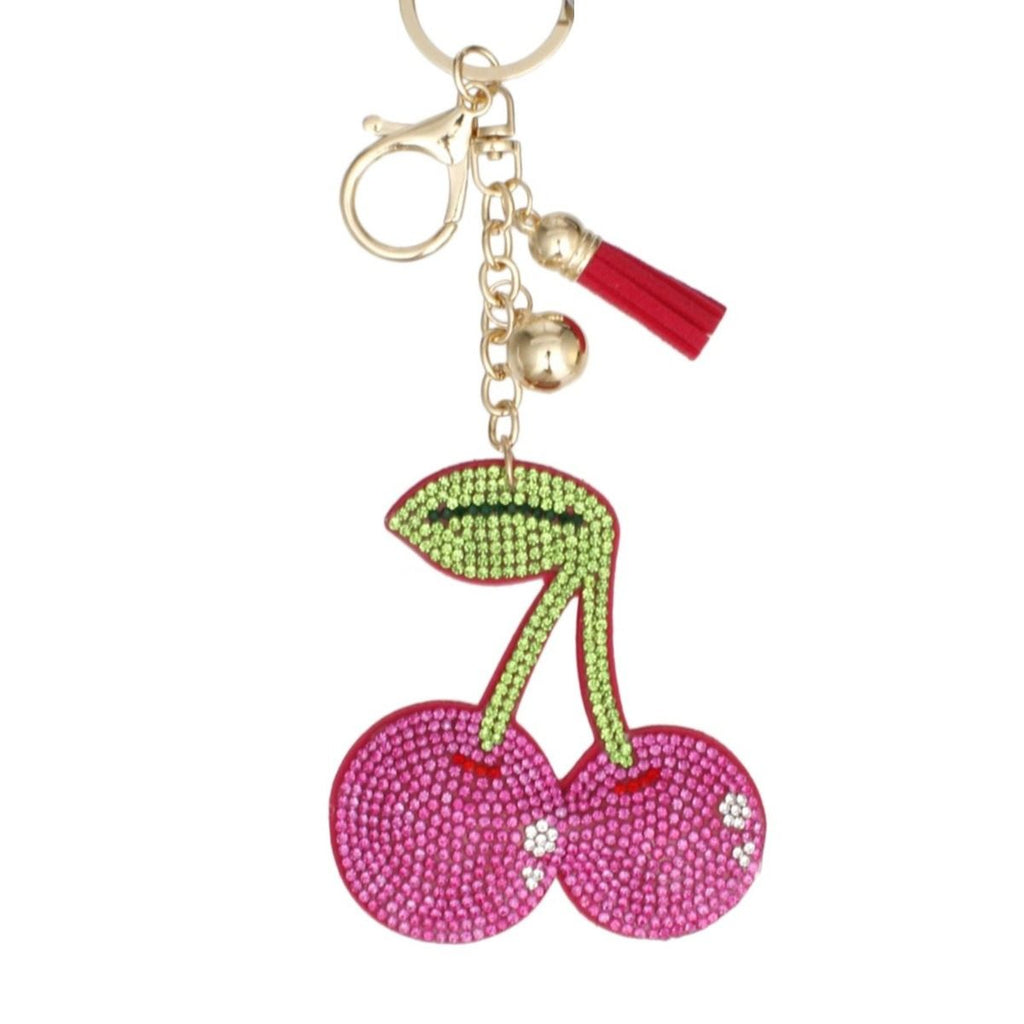 Fuchsia rhinestone double cherry bag charm keychain with green rhinestone stem and leaf, matching mini tassel, gold chain, and lobster clasp
