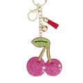 Fuchsia rhinestone double cherry bag charm keychain with green rhinestone stem and leaf, matching mini tassel, gold chain, and lobster clasp