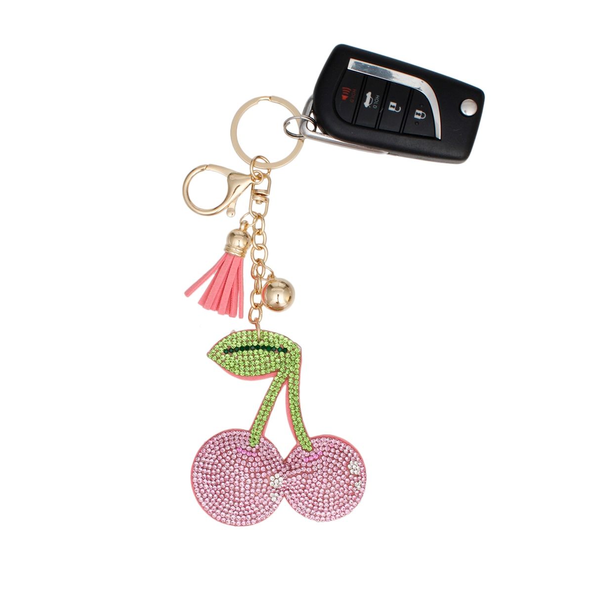 Pink rhinestone double cherry bag charm keychain with green rhinestone stem and leaf, pink mini tassel, gold chain, and lobster clasp
