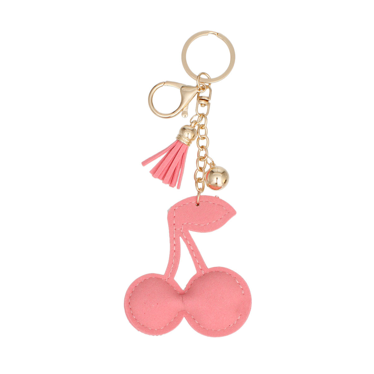 Pink rhinestone double cherry bag charm keychain with green rhinestone stem and leaf, pink mini tassel, gold chain, and lobster clasp