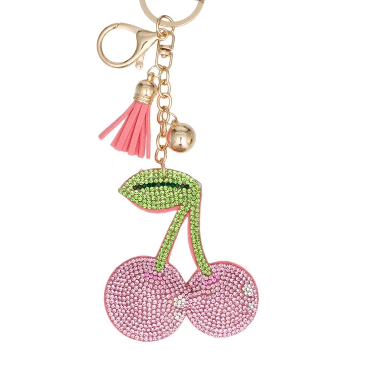 Pink rhinestone double cherry bag charm keychain with green rhinestone stem and leaf, pink mini tassel, gold chain, and lobster clasp