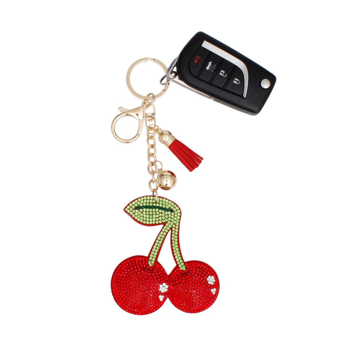 Red rhinestone double cherry bag charm keychain with green stem and leaf detail, gold metal clip and keyring