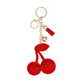 Red rhinestone double cherry bag charm keychain with green stem and leaf detail, gold metal clip and keyring