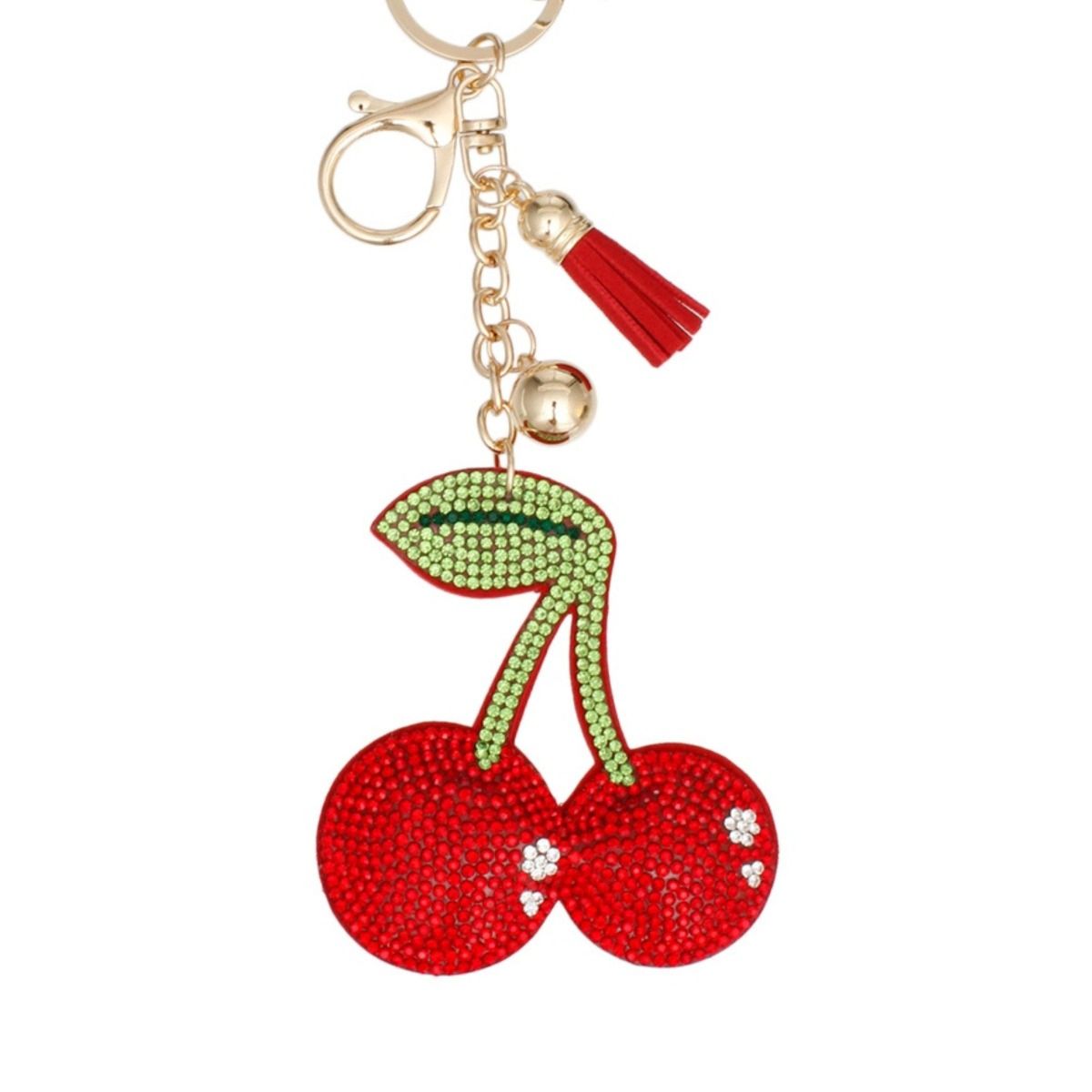 Red rhinestone double cherry bag charm keychain with green stem and leaf detail, gold metal clip and keyring