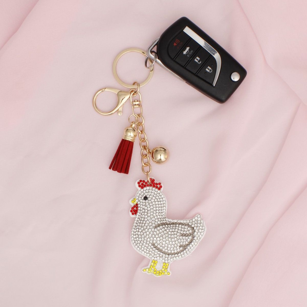 White Rhinestone Rooster Keychain | Farmhouse Chic Bag Charm