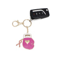 Breast cancer awareness pink enamel boxing glove FIGHT keychain with gold heart, pink rhinestone ribbon charm and gold lobster clasp attached to car key