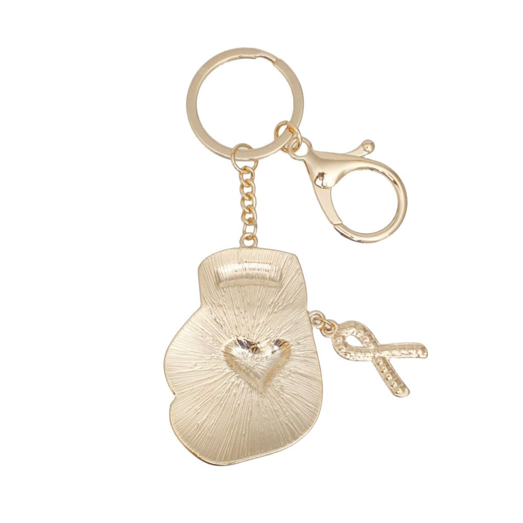 Back of gold-tone boxing glove keychain showing textured metal finish, rhinestone ribbon charm back, split key ring and lobster clasp