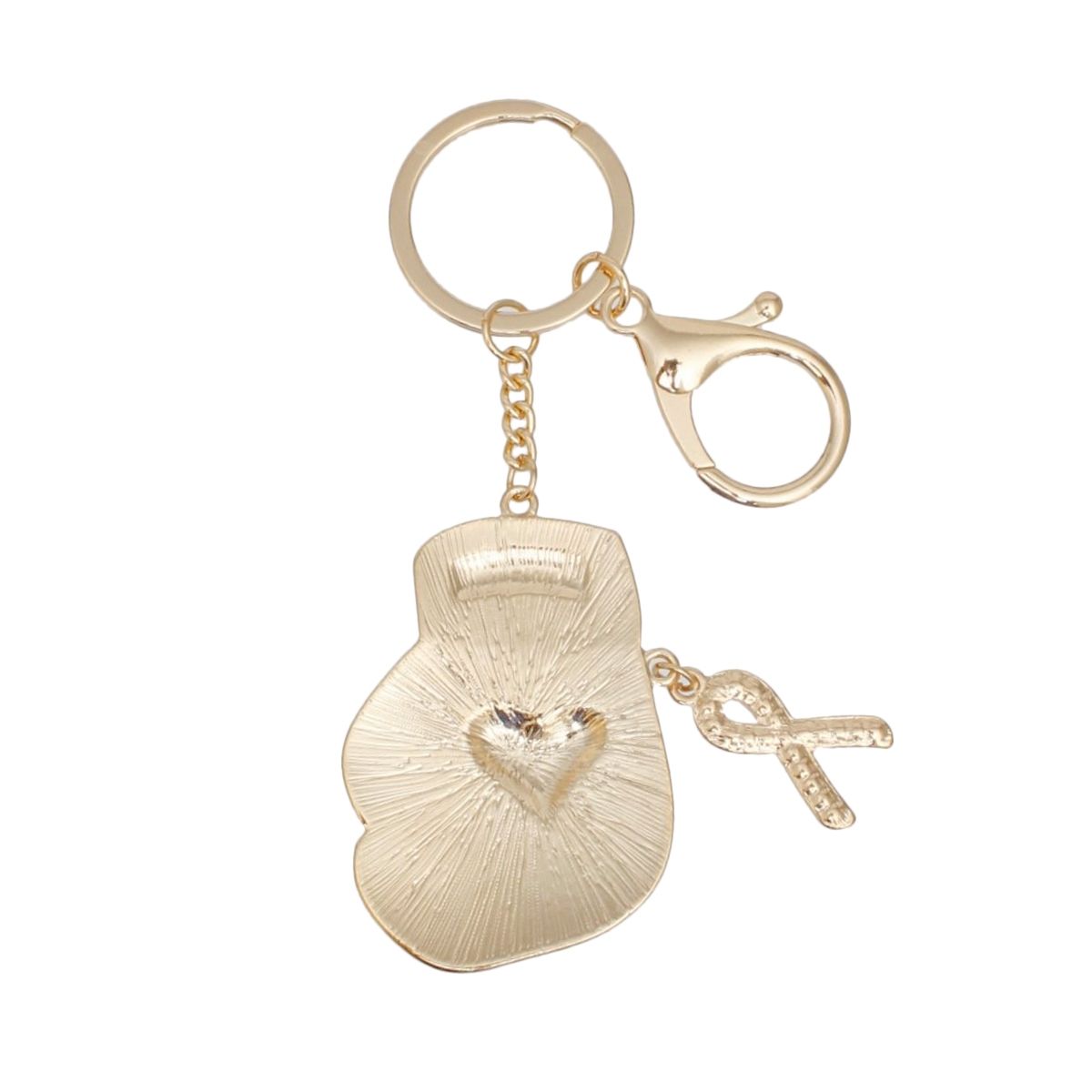 Back of gold-tone boxing glove keychain showing textured metal finish, rhinestone ribbon charm back, split key ring and lobster clasp