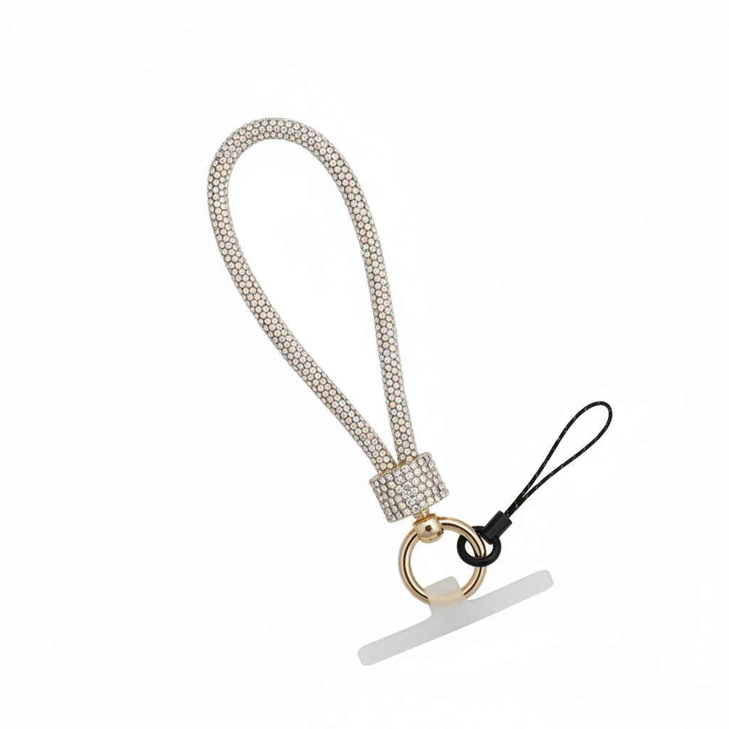 Aurore borealis iridescent rhinestone-encrusted rope phone wrist strap on white background showing 10-inch loop, clear rhinestone square barrel wrap, round gold carabiner clasp, black cord loop, and white plastic card insert