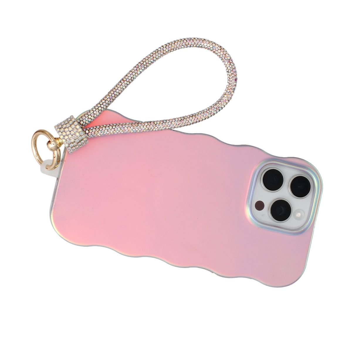 Aurore borealis iridescent rhinestone rope phone wrist strap attached to back of iridescent pink wavy-edge iPhone case via gold carabiner clasp and clear rhinestone barrel wrap, displayed on white background showing triple rear camera cutout
