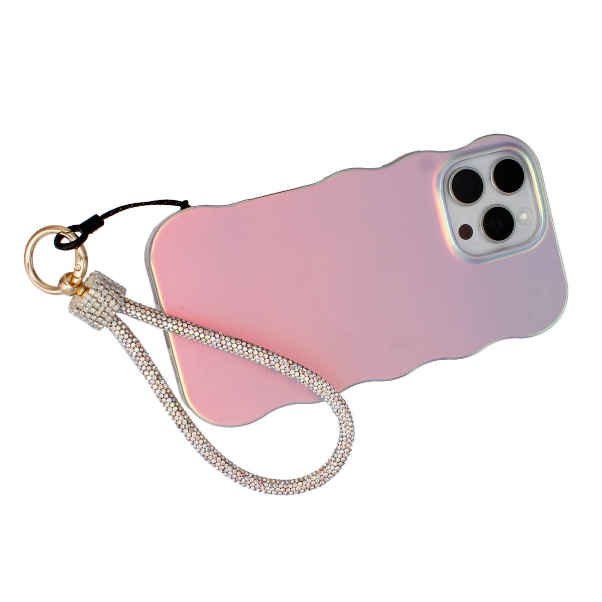 Aurore borealis iridescent rhinestone rope phone wrist strap looped around iridescent pink wavy-edge iPhone case with gold carabiner clasp, black cord loop, and clear rhinestone barrel wrap, displayed horizontally on white background showing triple rear camera cutout

