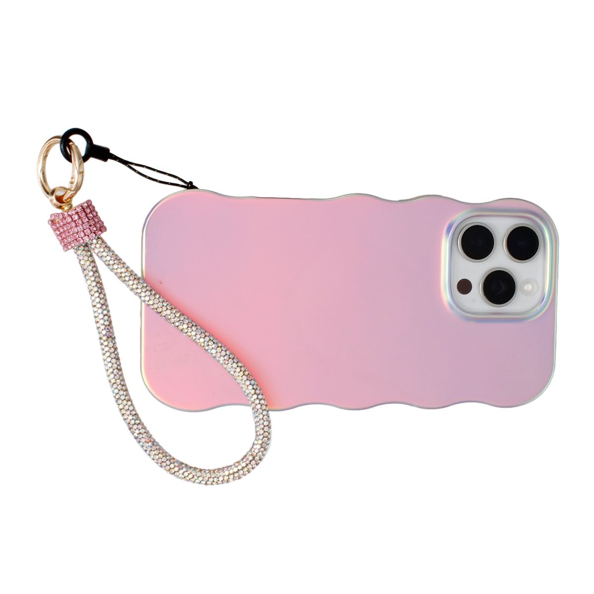 Pink aurora borealis rhinestone rope phone wrist strap looped around iridescent pink wavy-edge iPhone case with gold carabiner clasp, black cord loop, and pink rhinestone barrel wrap, displayed horizontally on white background showing triple rear camera cutout