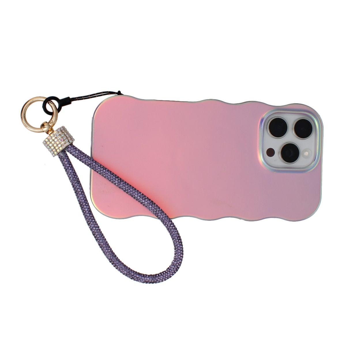 Purple rhinestone rope phone wrist strap looped around iridescent pink wavy-edge iPhone case with gold carabiner clasp, black cord loop, and clear rhinestone barrel wrap, displayed horizontally on white background showing triple rear camera cutout