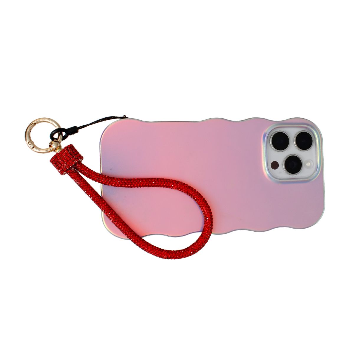 Red rhinestone rope phone wrist strap looped around iridescent pink wavy-edge iPhone case with gold carabiner clasp, black cord loop, and red rhinestone barrel wrap, displayed at opposite diagonal angle on white background showing triple rear camera cutout
