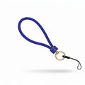 Royal blue rhinestone-encrusted rope phone wrist strap on white background showing 10-inch loop, blue rhinestone barrel knot wrap, round gold carabiner clasp, and black cord loop