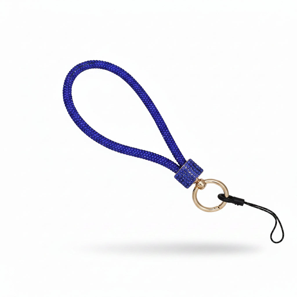 Royal blue rhinestone-encrusted rope phone wrist strap on white background showing 10-inch loop, blue rhinestone barrel knot wrap, round gold carabiner clasp, and black cord loop