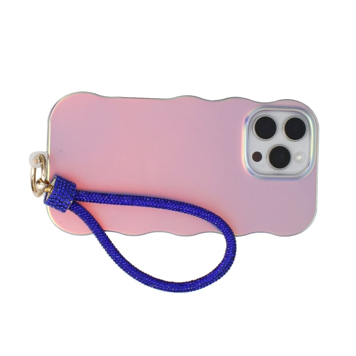 Royal blue rhinestone rope phone wrist strap attached to back of iridescent pink wavy-edge iPhone case via gold carabiner clasp, showing triple rear camera cutout on white background
