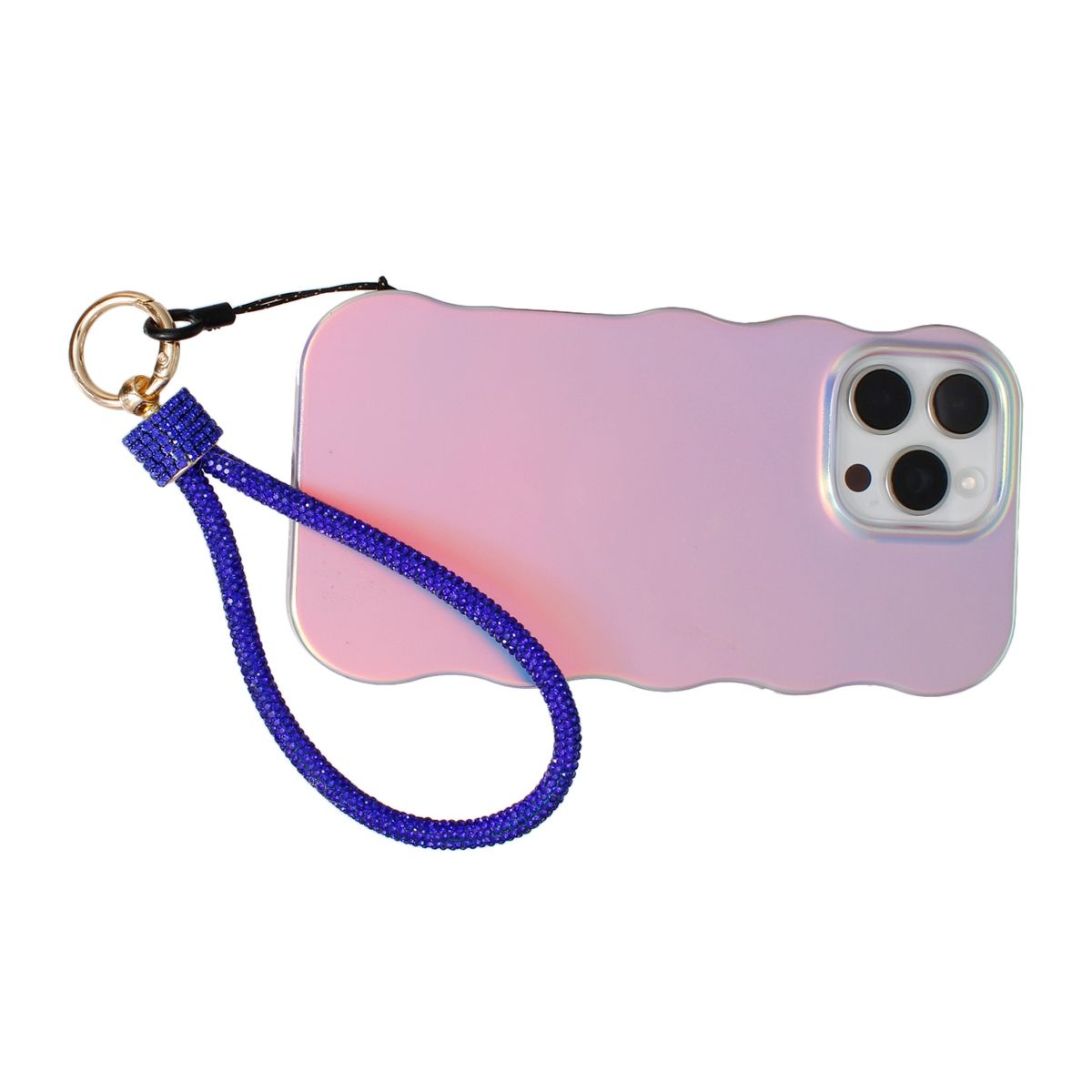 Royal blue rhinestone rope phone wrist strap looped around iridescent pink wavy-edge iPhone case with gold carabiner clasp and black cord loop, displayed horizontally on white background showing triple rear camera cutout