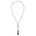 Aurore borealis iridescent rhinestone-encrusted rope phone lanyard laid flat on white background showing full 32-inch loop, rhinestone barrel wrap, round gold push clasp ring, black cord loop, and clear rectangular plastic card insert with black tassel