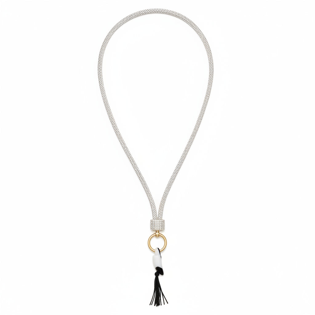 Aurore borealis iridescent rhinestone-encrusted rope phone lanyard laid flat on white background showing full 32-inch loop, rhinestone barrel wrap, round gold push clasp ring, black cord loop, and clear rectangular plastic card insert with black tassel
