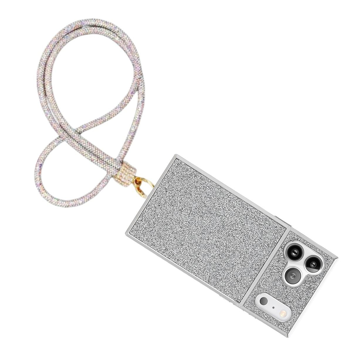 Aurora borealis iridescent rhinestone rope phone lanyard attached to full-coverage silver micro-rhinestone hard-shell iPhone case with gold push clasp and rhinestone barrel wrap, displayed diagonally on white background showing triple rear camera cutout
