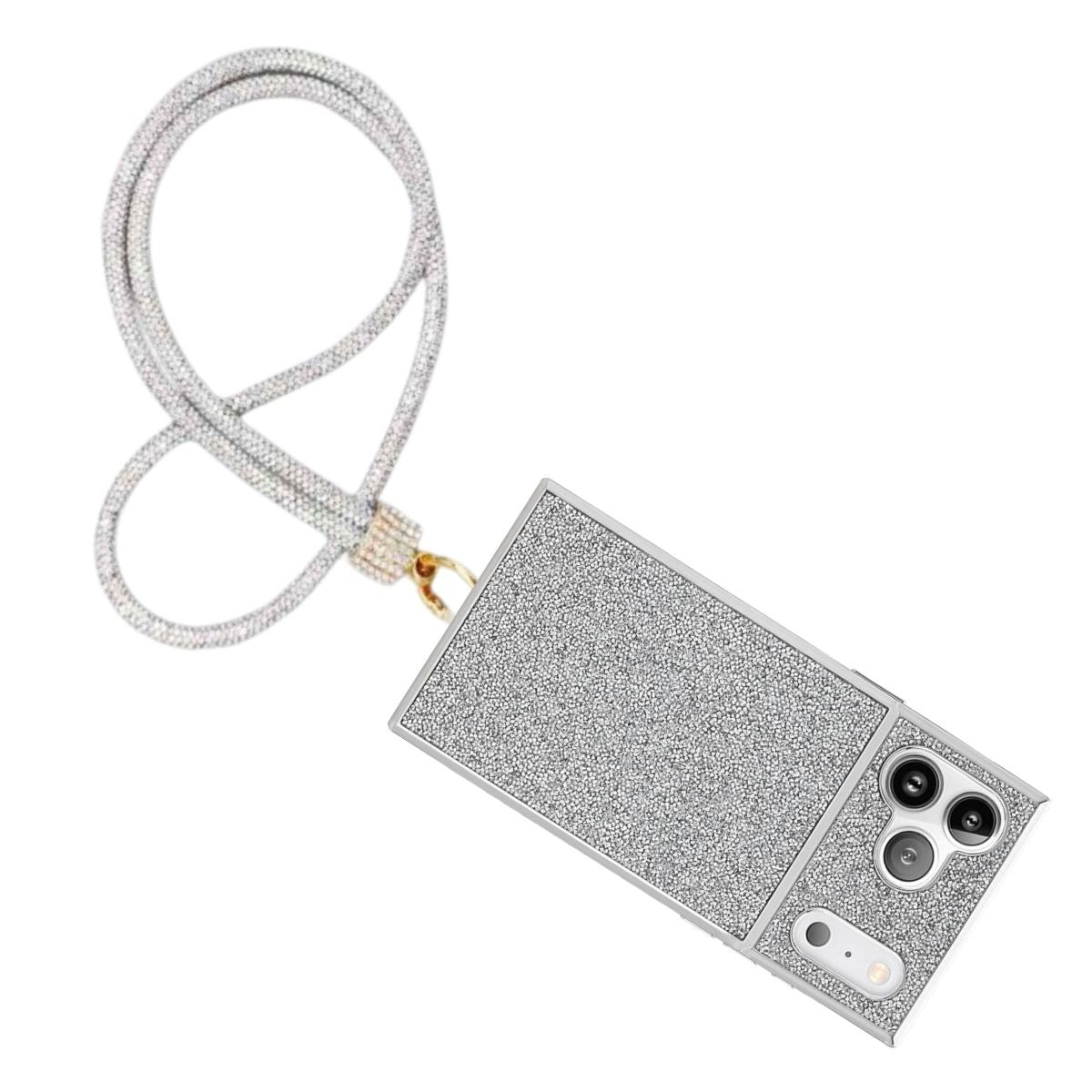 Clear rhinestone-encrusted tube phone lanyard attached diagonally to full-coverage silver glitter hard-shell iPhone case with gold push clasp and clear rhinestone barrel slide, displayed on white background