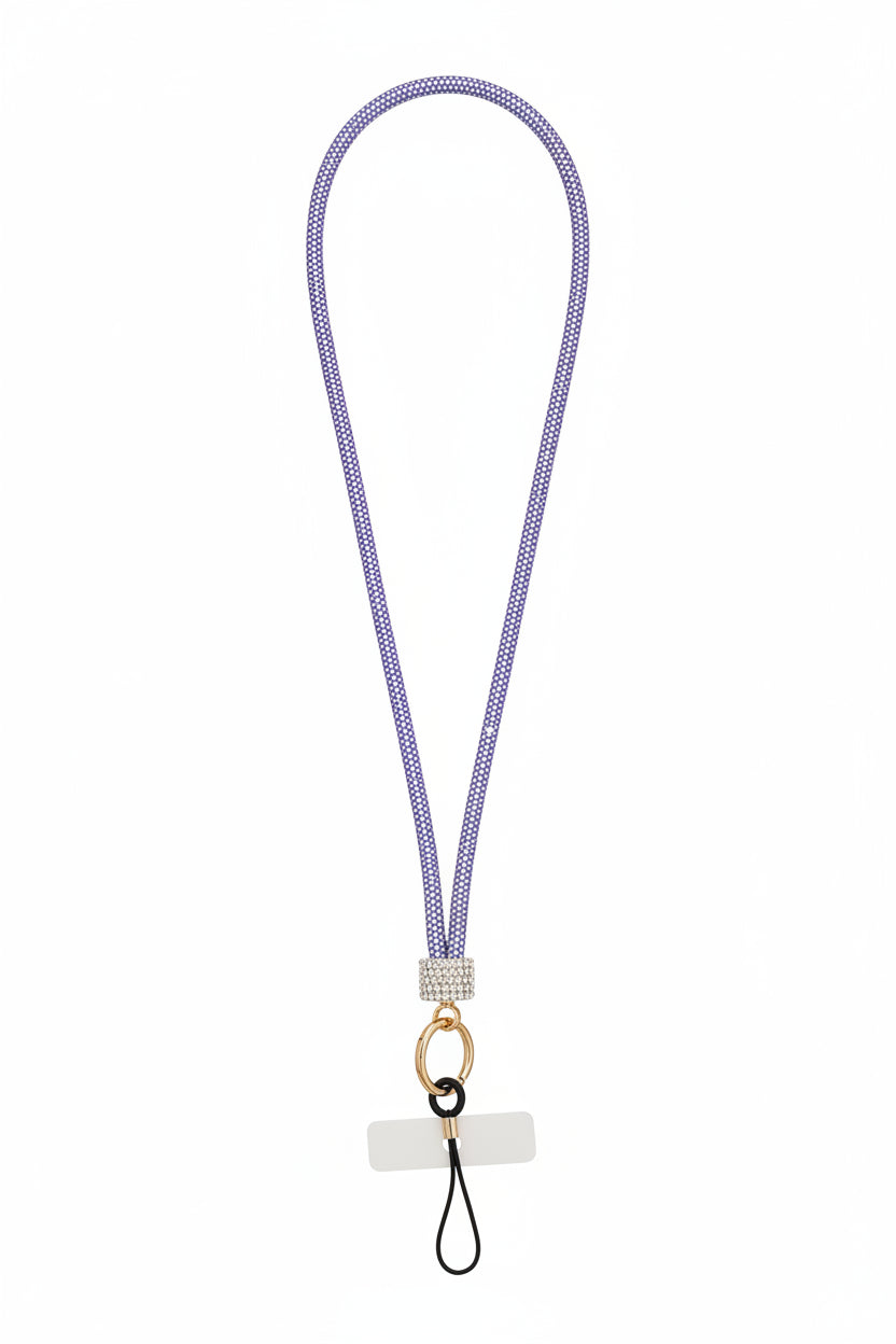 Purple rhinestone-encrusted rope phone lanyard laid flat on white background showing full 32-inch loop, clear rhinestone barrel wrap, round gold carabiner clasp, black cord loop, and clear rectangular plastic card insert