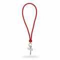 Red rhinestone-encrusted tube phone lanyard laid flat on white background showing full 32-inch loop, red rhinestone barrel slide, round gold push clasp, black jump ring, and clear rectangular plastic card insert