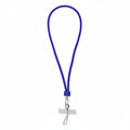 Royal blue rhinestone-encrusted rope phone lanyard laid flat on white background showing full 32-inch loop, blue rhinestone barrel wrap, round gold lobster clasp, black jump ring, and clear rectangular plastic card insert