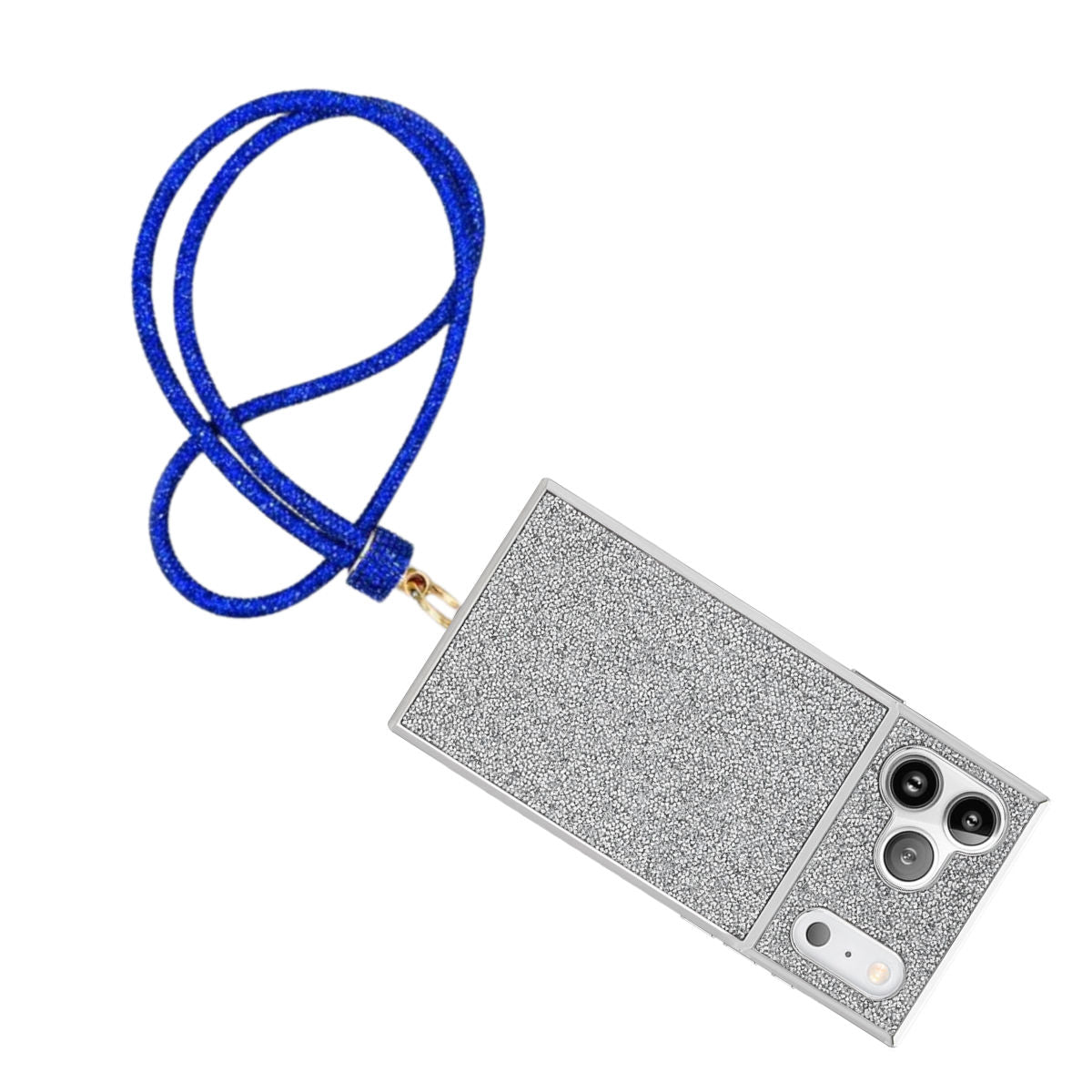 Royal blue rhinestone rope phone lanyard attached to silver glitter hard-shell iPhone case with gold lobster clasp, displayed diagonally on white background showing back camera cutout