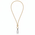 Topaz gold rhinestone-encrusted tube phone lanyard laid flat on white background showing full 32-inch loop, gold rhinestone barrel slide, round gold push clasp, black jump ring, and clear rectangular plastic card insert