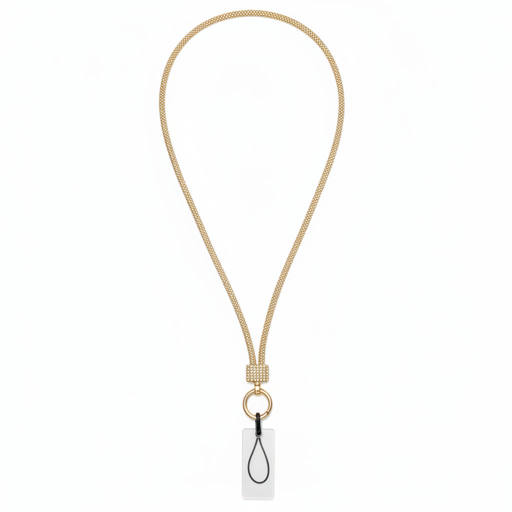 Topaz gold rhinestone-encrusted tube phone lanyard laid flat on white background showing full 32-inch loop, gold rhinestone barrel slide, round gold push clasp, black jump ring, and clear rectangular plastic card insert
